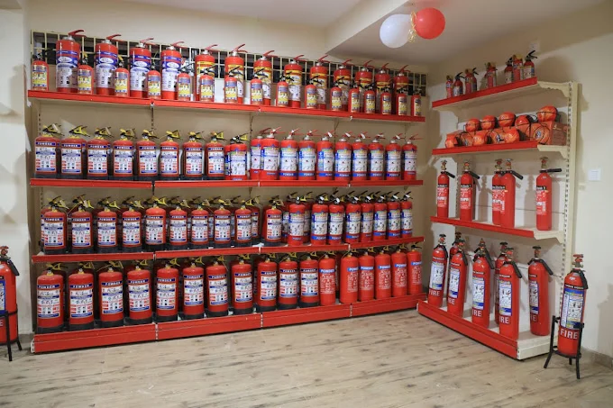Different Types and Models in Fire Extinguishers are Showcased in Shelves at ARYA FIRE and SAFETY office