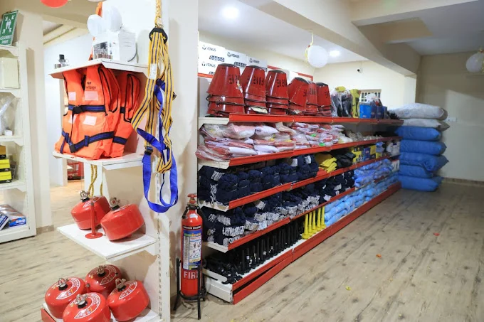 Life jackets, Safety Belts, Various types of fire safety equipments and other safety equipments showcased in the shelves at Arya Fire and Safety Office